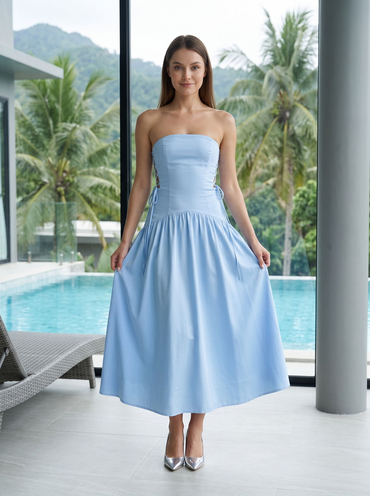 Sky Blue Satin A-Line Straight Neck Back Zip Floor-Length Dress with Side Tie-Up Detail - Curvevia