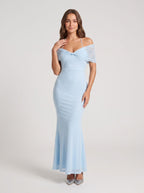 Sky Blue Stretch Mesh Sheath Halter neckline Floor-Length Dress - Curvevia