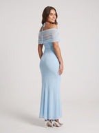 Sky Blue Stretch Mesh Sheath Halter neckline Floor-Length Dress - Curvevia