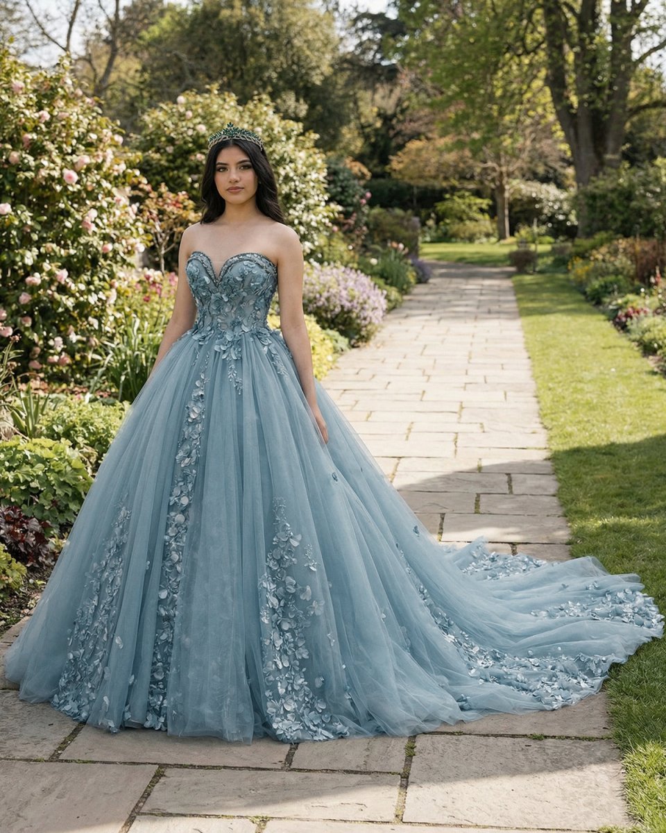 Dusty Blue Sweetheart Ball Gown Quinceanera Dress With 3D Flowers - Curvevia