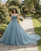 Dusty Blue Sweetheart Ball Gown Quinceanera Dress With 3D Flowers - Curvevia