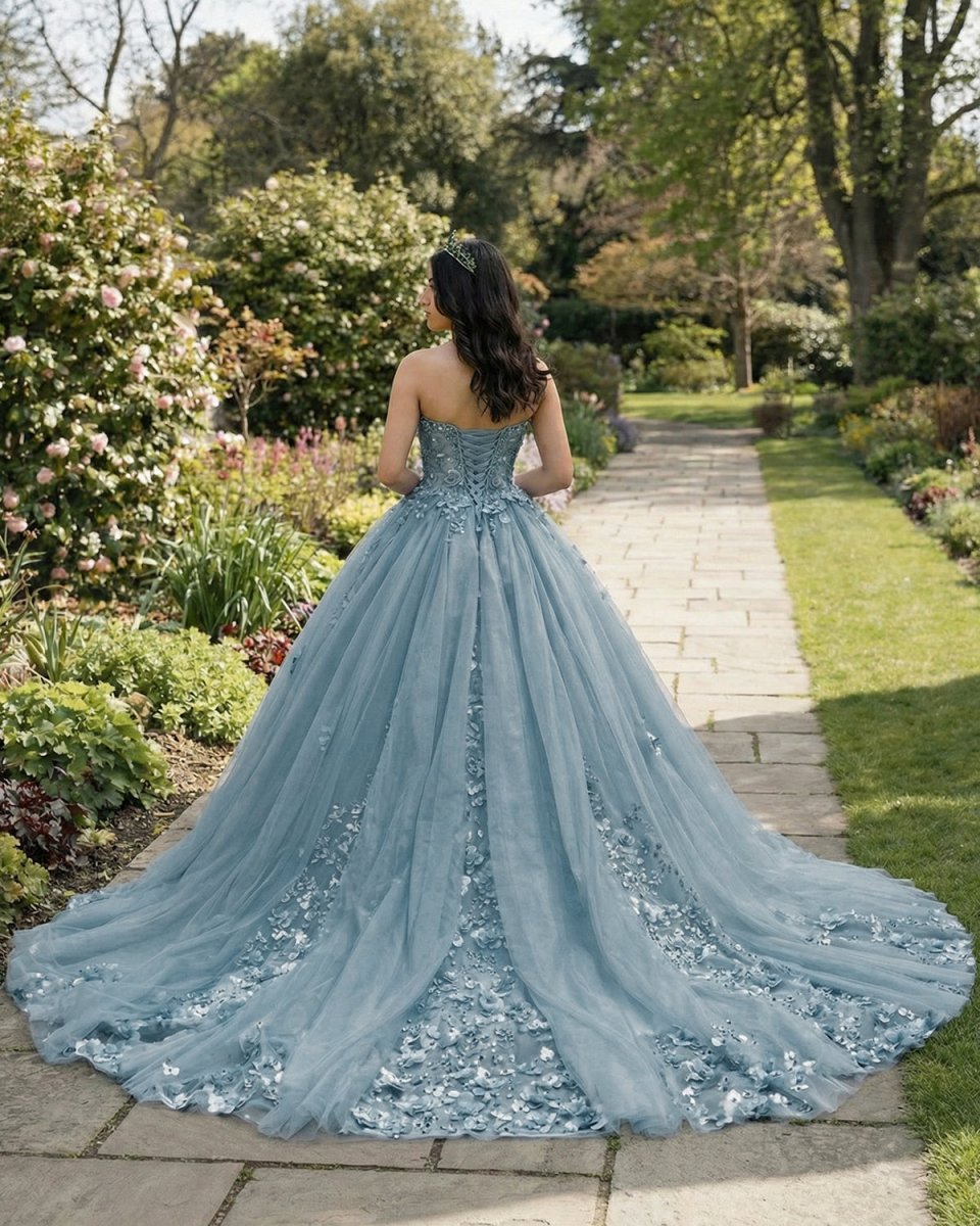 Dusty Blue Sweetheart Ball Gown Quinceanera Dress With 3D Flowers - Curvevia