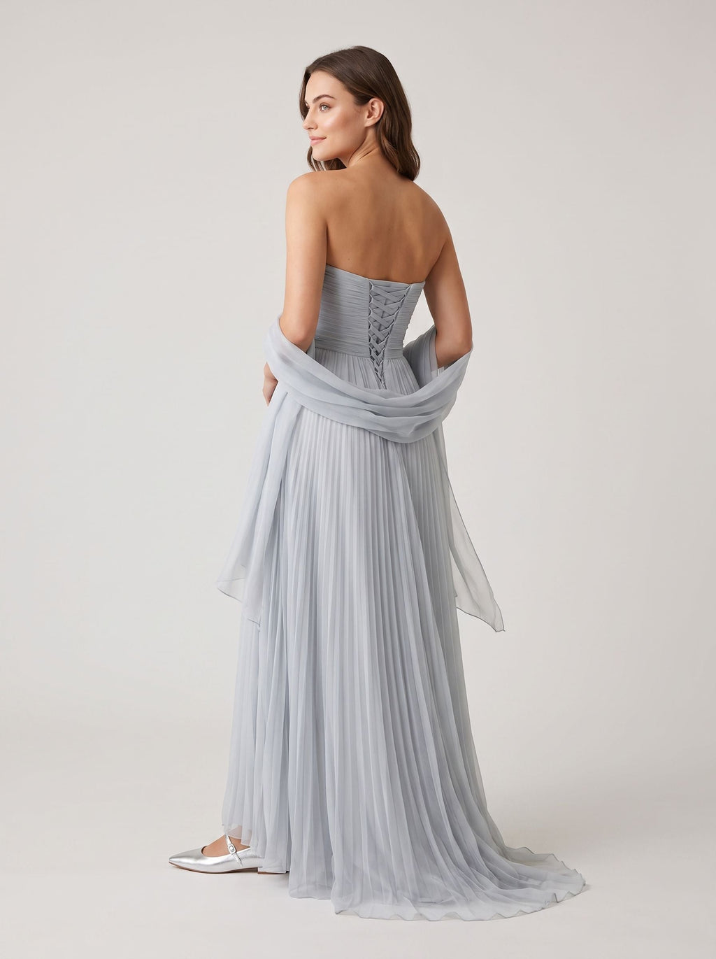 Dusty Blue Tulle A-Line Straight Neck Lace-up Floor-Length Dress with Pleated Bodice - Curvevia