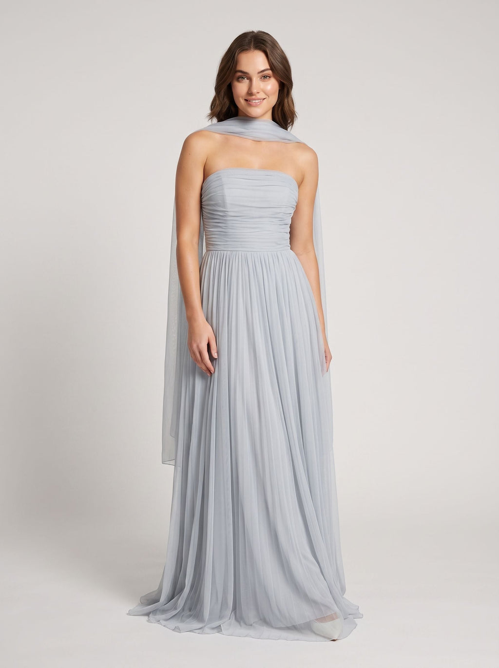 Dusty Blue Tulle A-Line Straight Neck Lace-up Floor-Length Dress with Pleated Bodice - Curvevia
