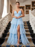 Sky Blue Tulle A-Line V-Neck Back Zip Floor-Length Dress with Tiered Skirt and Slit - Curvevia