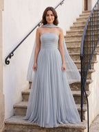 Dusty Blue Tulle A-Line Straight Neck Lace-up Floor-Length Dress with Pleated Bodice - Curvevia