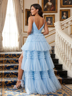 Sky Blue Tulle A-Line V-Neck Back Zip Floor-Length Dress with Tiered Skirt and Slit - Curvevia