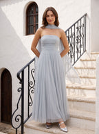 Dusty Blue Tulle A-Line Straight Neck Lace-up Floor-Length Dress with Pleated Bodice - Curvevia
