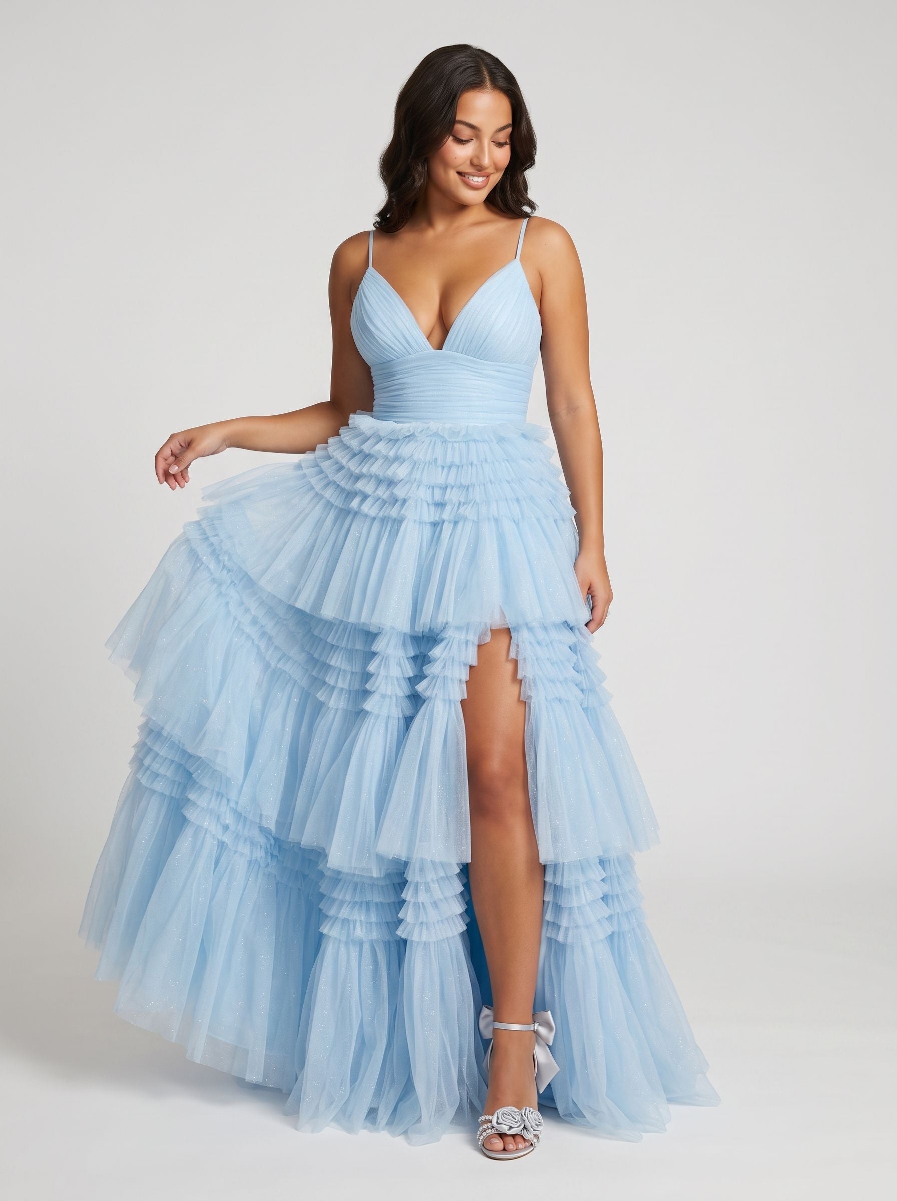 Sky Blue Tulle A-Line V-Neck Back Zip Floor-Length Dress with Tiered Skirt and Slit - Curvevia