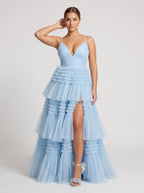 Sky Blue Tulle A-Line V-Neck Back Zip Floor-Length Dress with Tiered Skirt and Slit - Curvevia