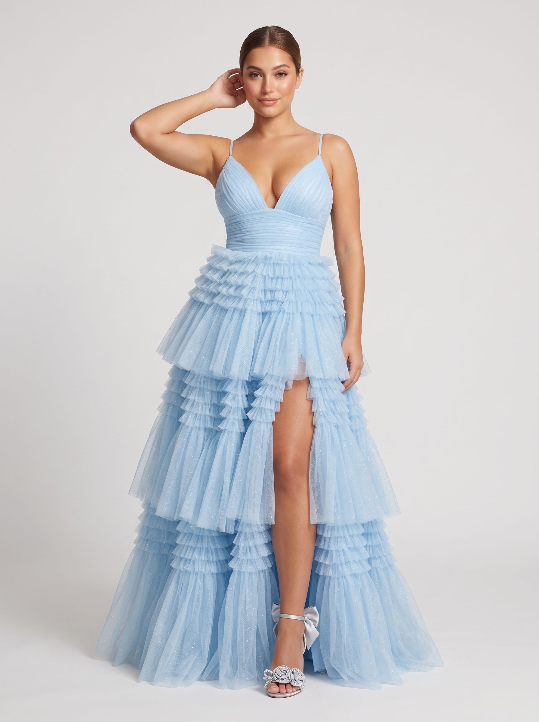 Sky Blue Tulle A-Line V-Neck Back Zip Floor-Length Dress with Tiered Skirt and Slit - Curvevia