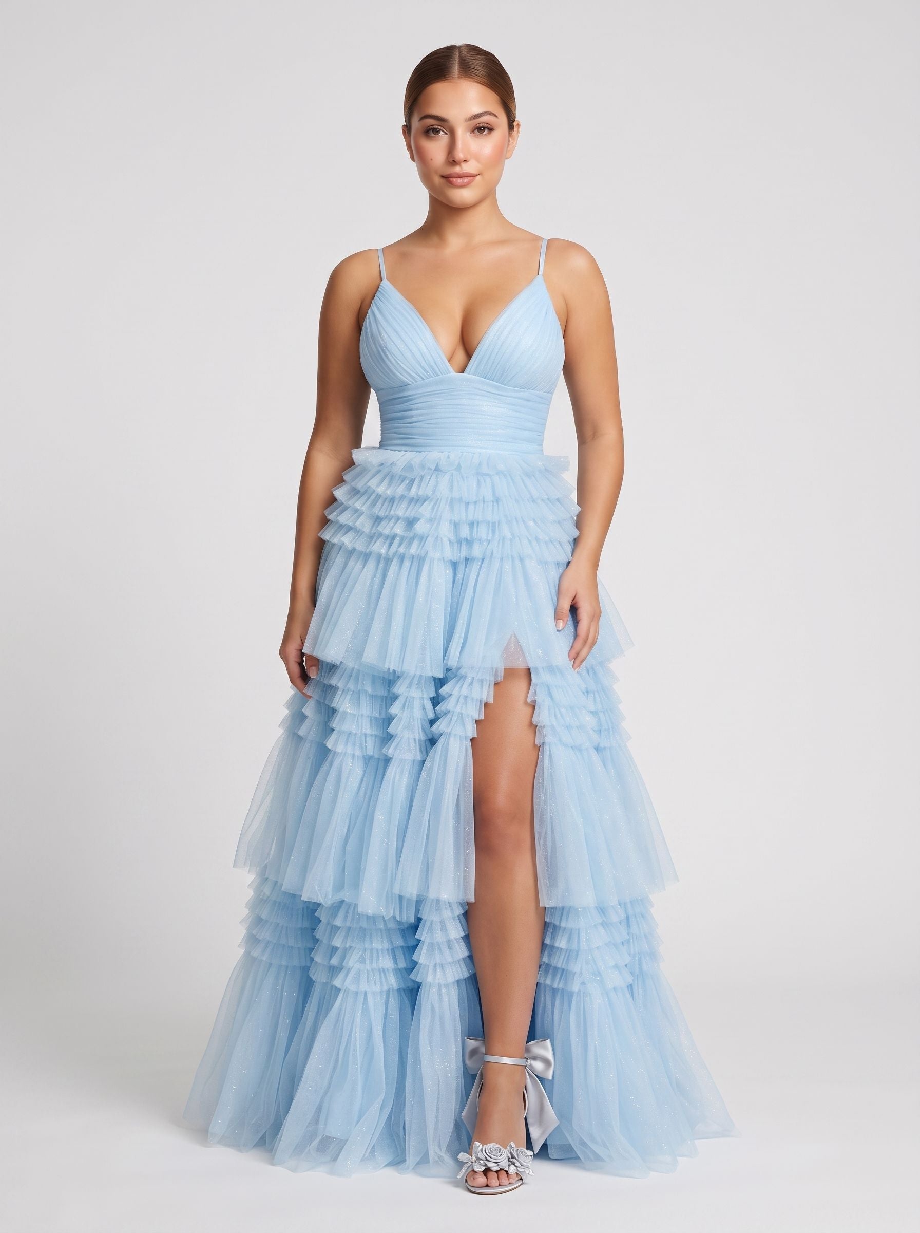 Sky Blue Tulle A-Line V-Neck Back Zip Floor-Length Dress with Tiered Skirt and Slit - Curvevia