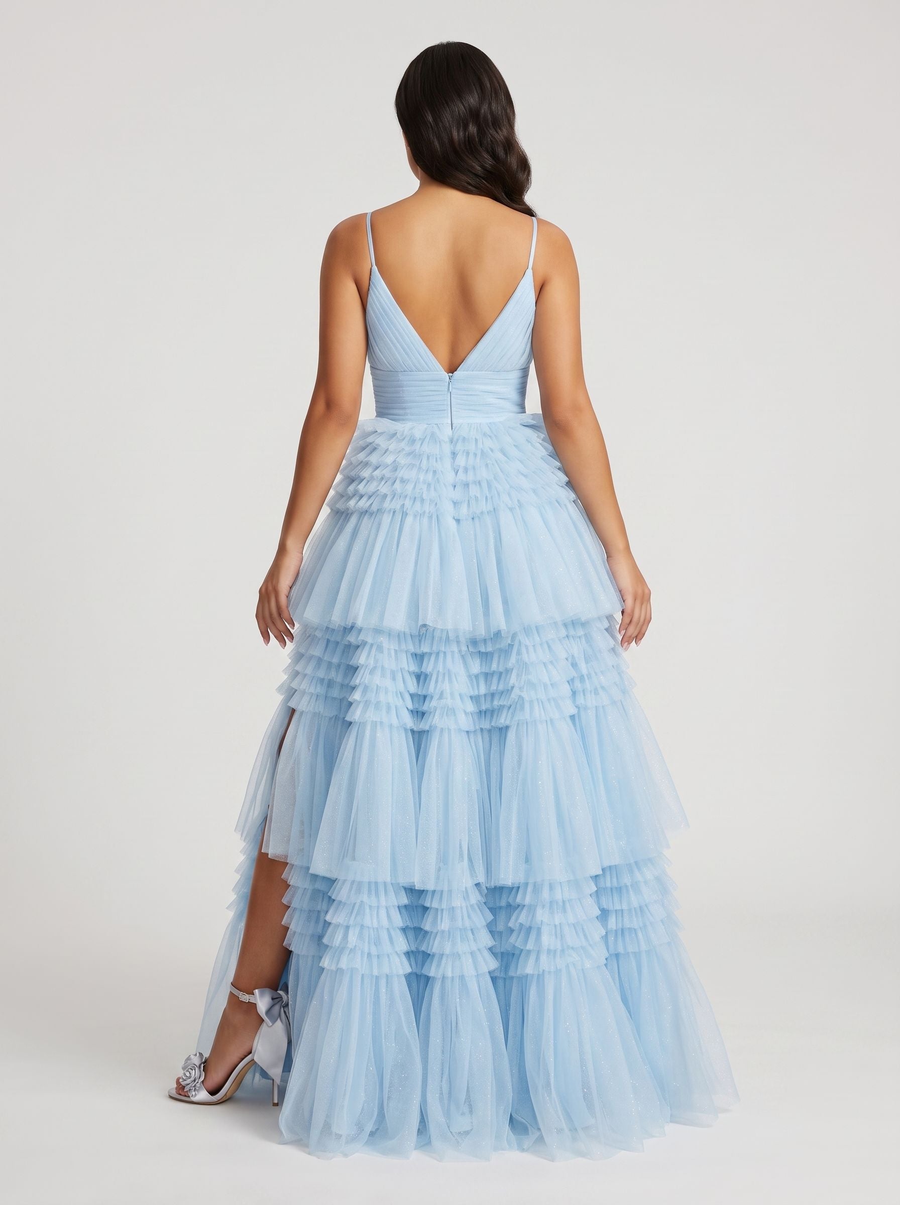 Sky Blue Tulle A-Line V-Neck Back Zip Floor-Length Dress with Tiered Skirt and Slit - Curvevia