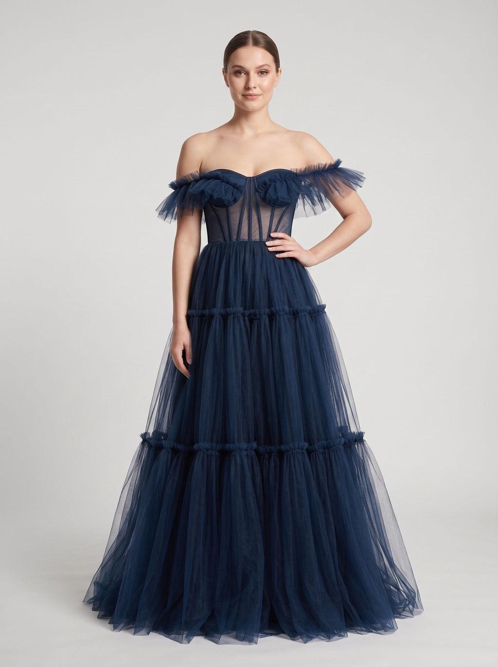Navy Blue Tulle A-Line Sweetheart Lace-up Floor-Length Dress with Tiered Tulle Skirt - Curvevia