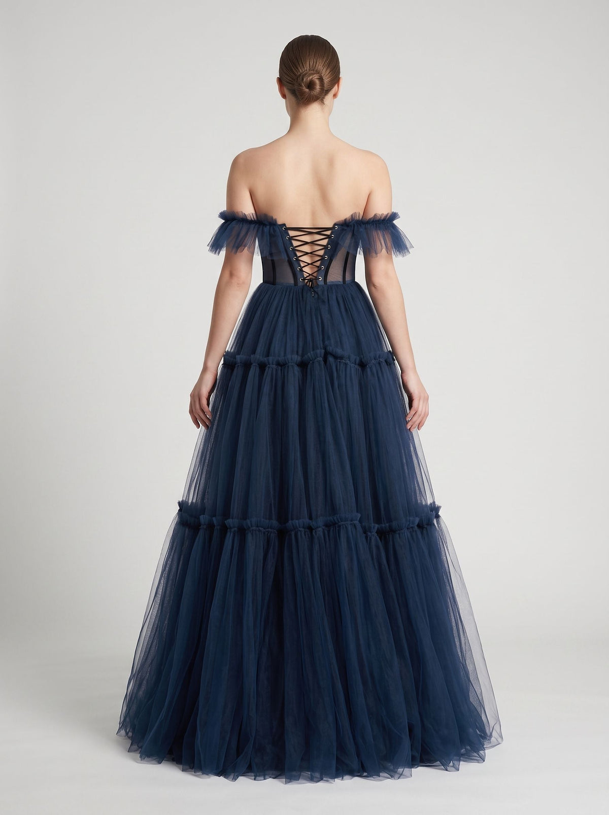 Navy Blue Tulle A-Line Sweetheart Lace-up Floor-Length Dress with Tiered Tulle Skirt - Curvevia