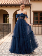 Navy Blue Tulle A-Line Sweetheart Lace-up Floor-Length Dress with Tiered Tulle Skirt - Curvevia