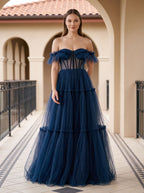 Navy Blue Tulle A-Line Sweetheart Lace-up Floor-Length Dress with Tiered Tulle Skirt - Curvevia