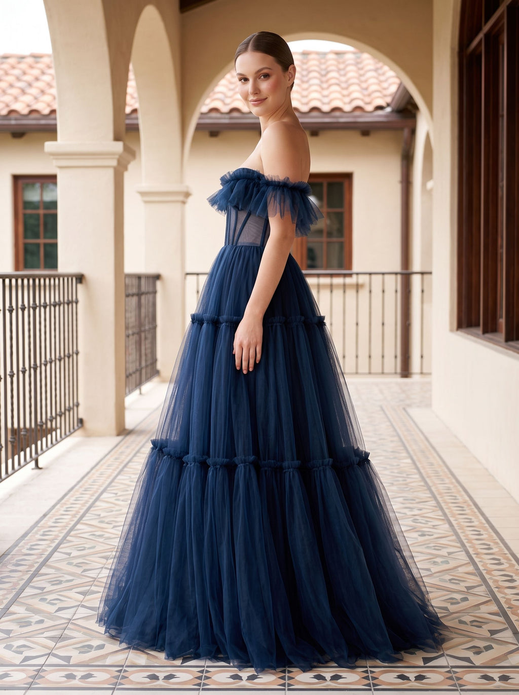 Navy Blue Tulle A-Line Sweetheart Lace-up Floor-Length Dress with Tiered Tulle Skirt - Curvevia