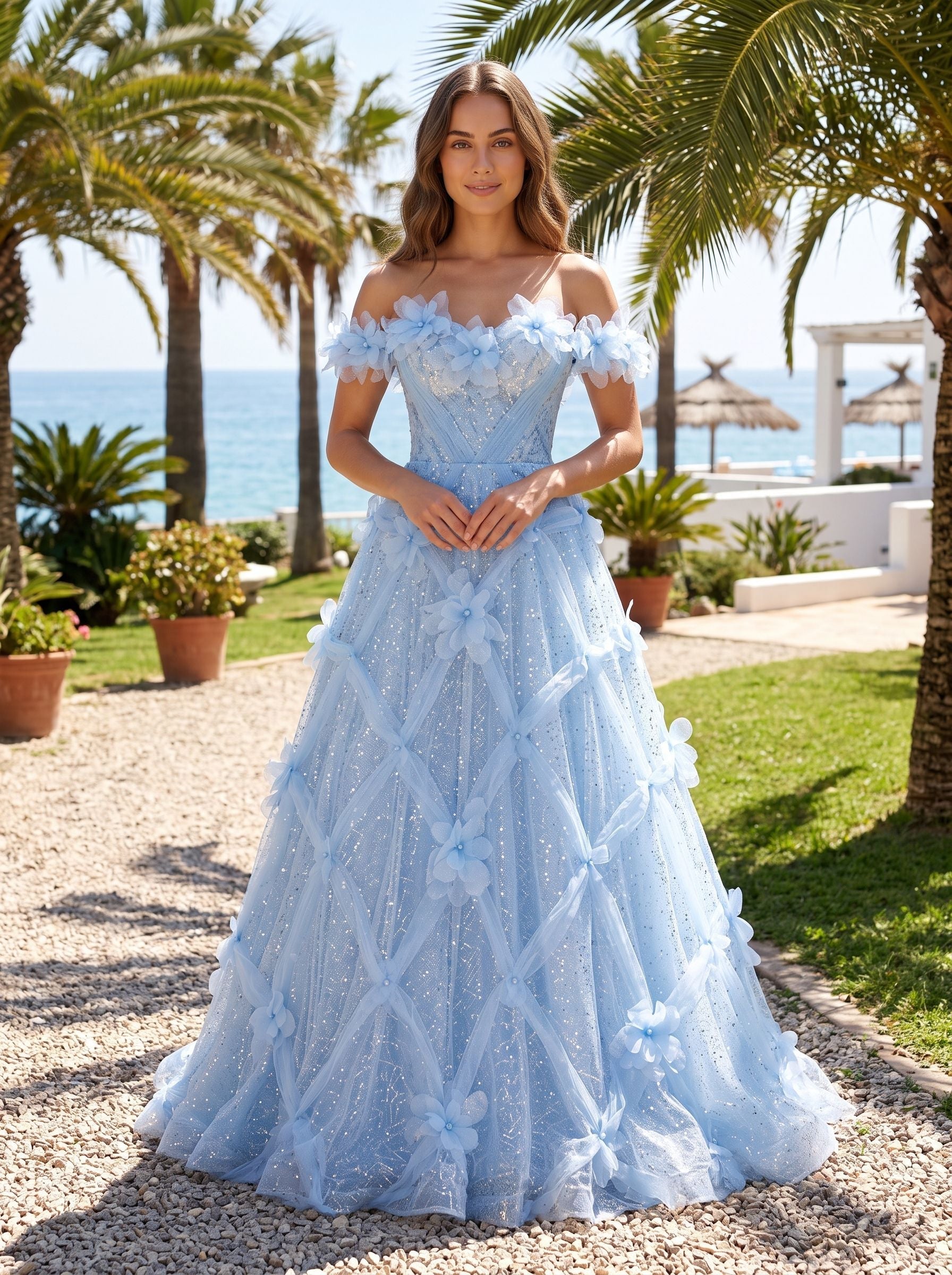 Mist Tulle A-Line Off-the-Shoulder Lace-up Floor-Length Dress with 3D Floral Appliques - Curvevia