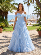 Mist Tulle A-Line Off-the-Shoulder Lace-up Floor-Length Dress with 3D Floral Appliques - Curvevia