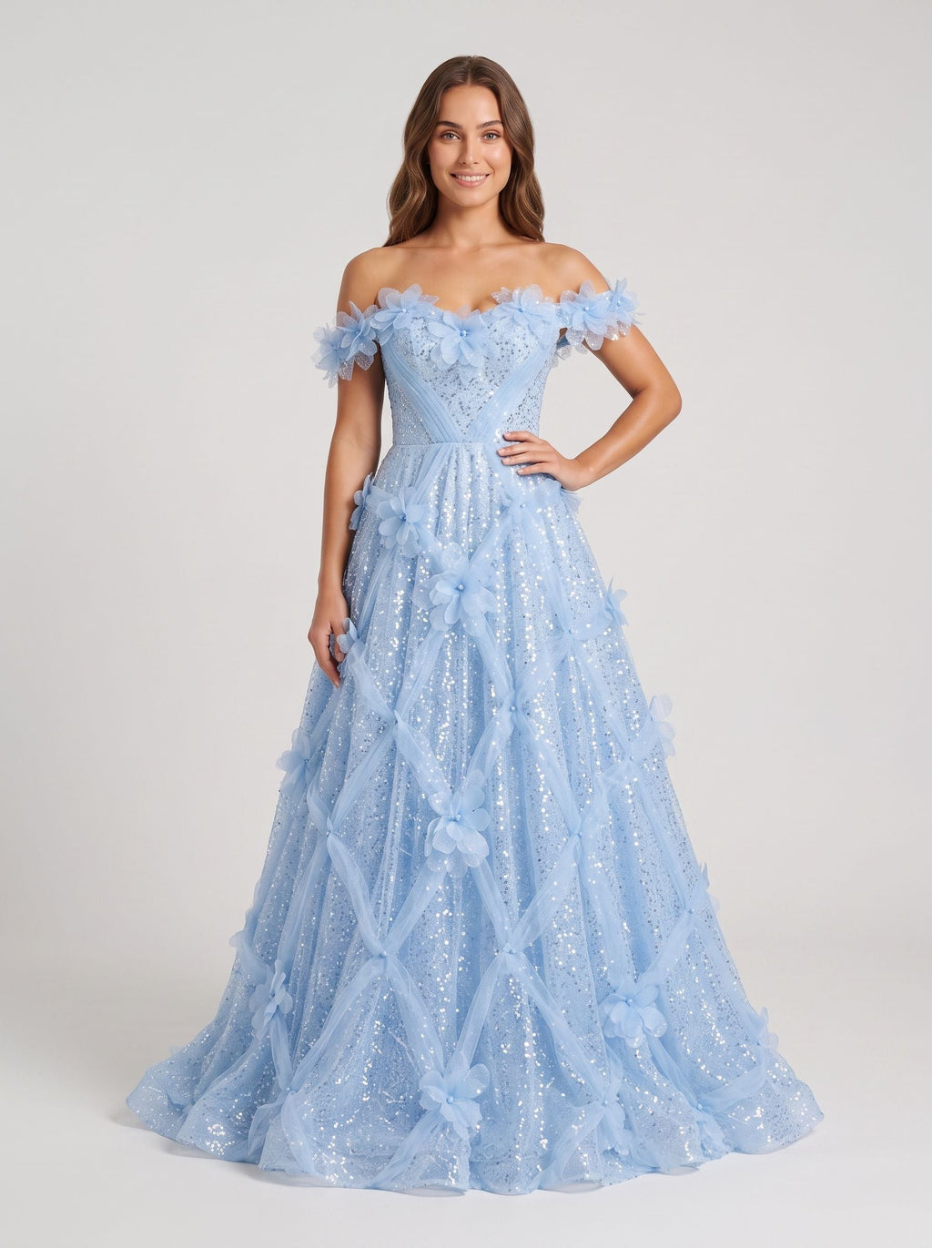 Mist Tulle A-Line Off-the-Shoulder Lace-up Floor-Length Dress with 3D Floral Appliques - Curvevia