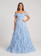 Mist Tulle A-Line Off-the-Shoulder Lace-up Floor-Length Dress with 3D Floral Appliques - Curvevia