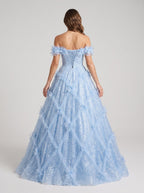 Mist Tulle A-Line Off-the-Shoulder Lace-up Floor-Length Dress with 3D Floral Appliques - Curvevia