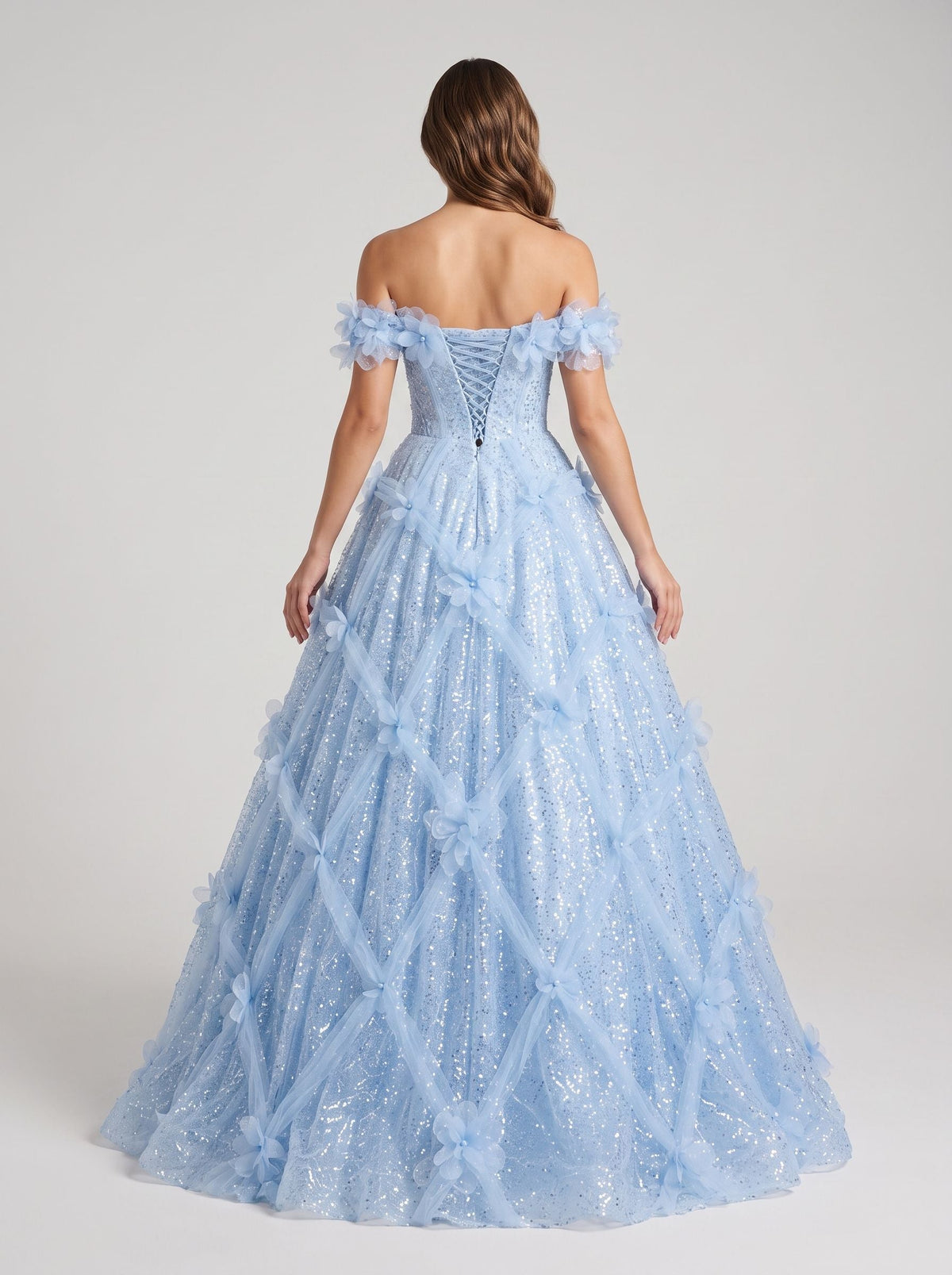 Mist Tulle A-Line Off-the-Shoulder Lace-up Floor-Length Dress with 3D Floral Appliques - Curvevia