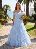 Mist Tulle A-Line Off-the-Shoulder Lace-up Floor-Length Dress with 3D Floral Appliques - Curvevia