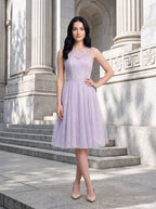 Lilac Tulle & Lace A-Line Scoop Neck Back Zip Knee-Length Dress with Lace Applique - Curvevia