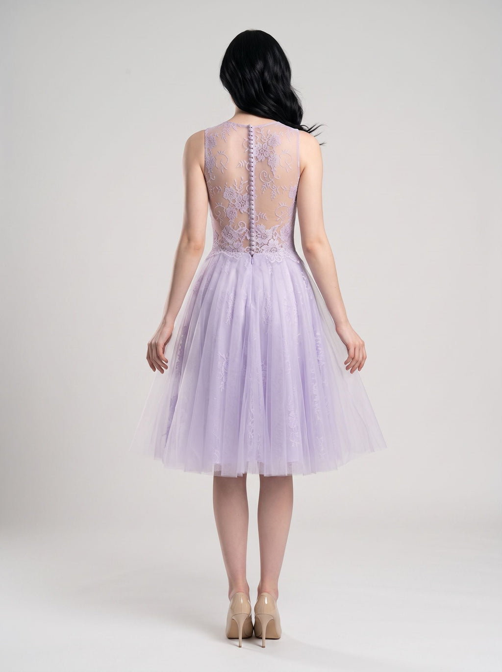 Lilac Tulle & Lace A-Line Scoop Neck Back Zip Knee-Length Dress with Lace Applique - Curvevia