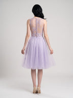 Lilac Tulle & Lace A-Line Scoop Neck Back Zip Knee-Length Dress with Lace Applique - Curvevia