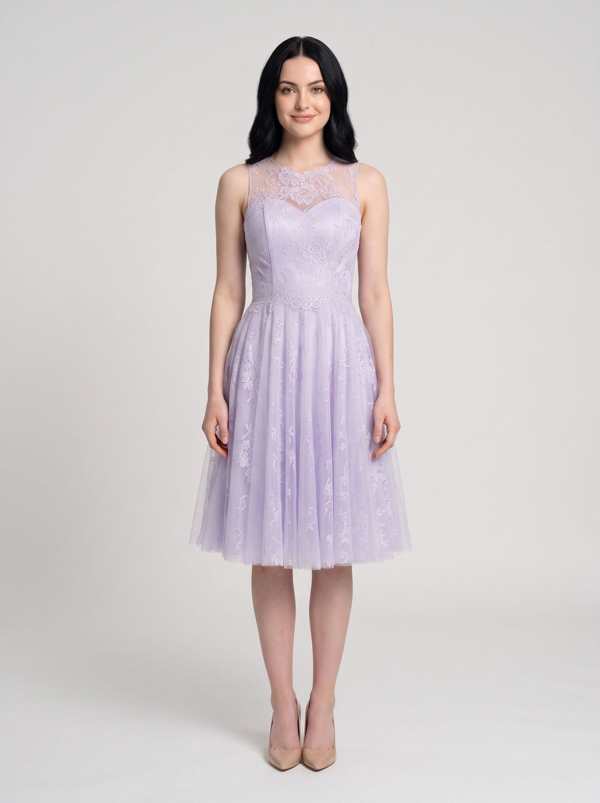 Lilac Tulle & Lace A-Line Scoop Neck Back Zip Knee-Length Dress with Lace Applique - Curvevia