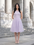 Lilac Tulle & Lace A-Line Scoop Neck Back Zip Knee-Length Dress with Lace Applique - Curvevia