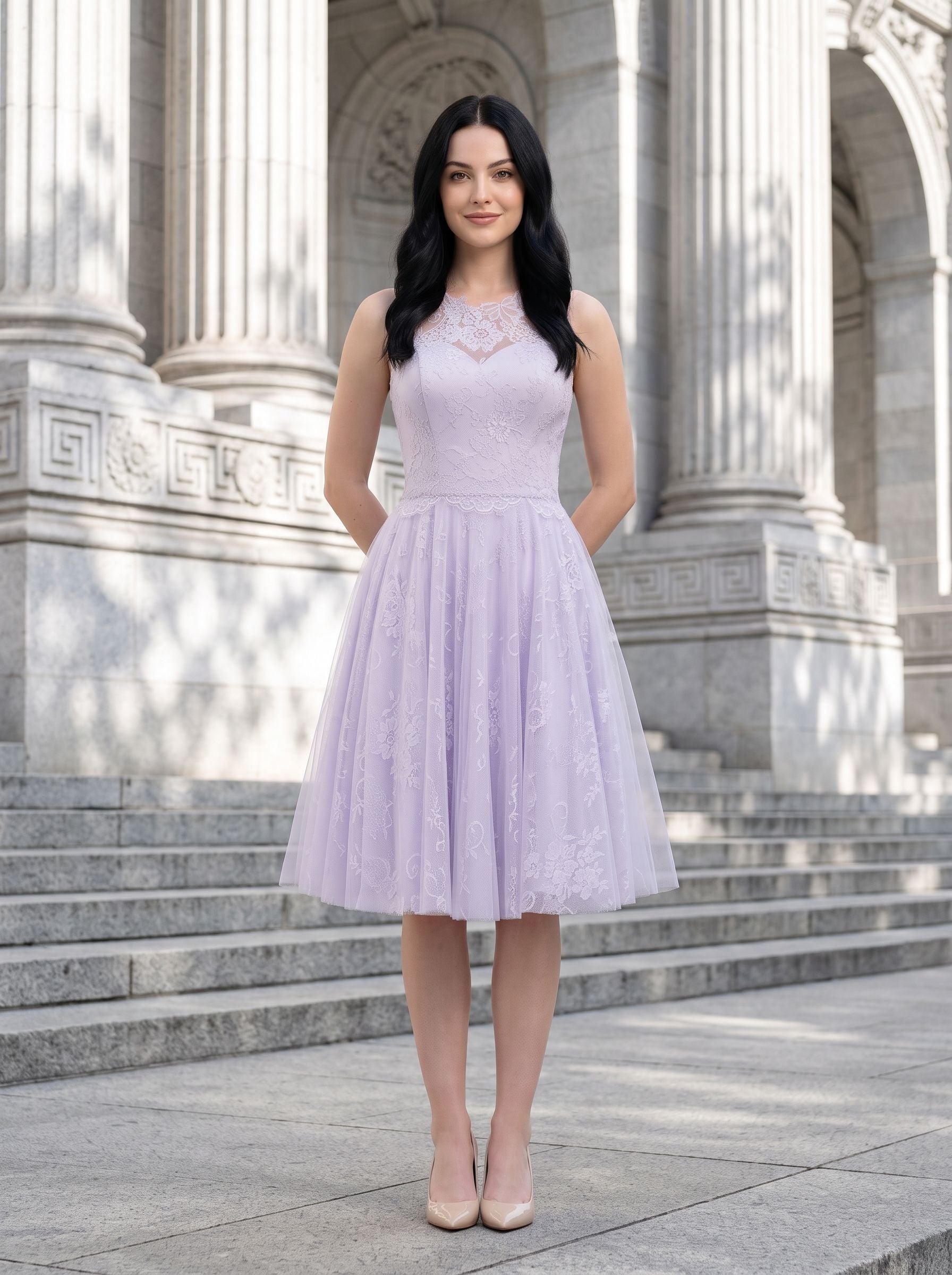 Lilac Tulle & Lace A-Line Scoop Neck Back Zip Knee-Length Dress with Lace Applique - Curvevia
