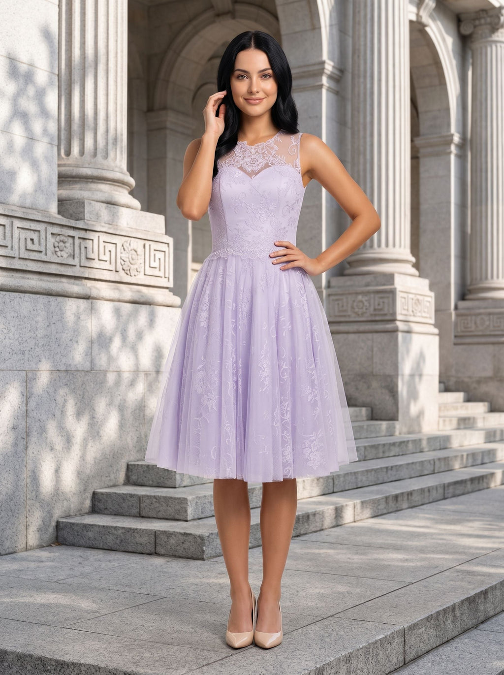 Lilac Tulle & Lace A-Line Scoop Neck Back Zip Knee-Length Dress with Lace Applique - Curvevia