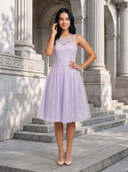 Lilac Tulle & Lace A-Line Scoop Neck Back Zip Knee-Length Dress with Lace Applique - Curvevia