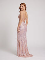 Pink Sequins Sheath V-Neck Corset Back Floor-Length Dress with Sheer Bodice and Slit - Curvevia