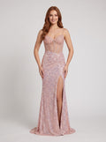 Pink Sequins Sheath V-Neck Corset Back Floor-Length Dress with Sheer Bodice and Slit - Curvevia