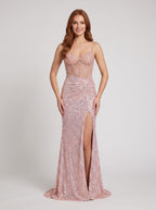 Pink Sequins Sheath V-Neck Corset Back Floor-Length Dress with Sheer Bodice and Slit - Curvevia