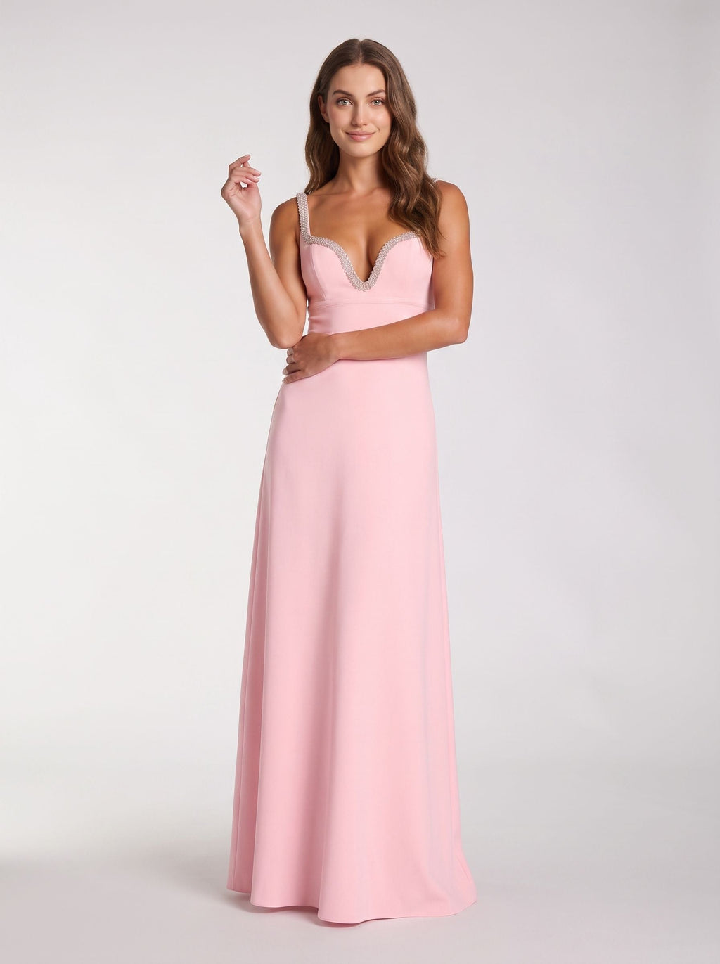 Petal Crepe A-Line V-Neck Back Zip Floor-Length Dress with Rhinestone Trim - Curvevia