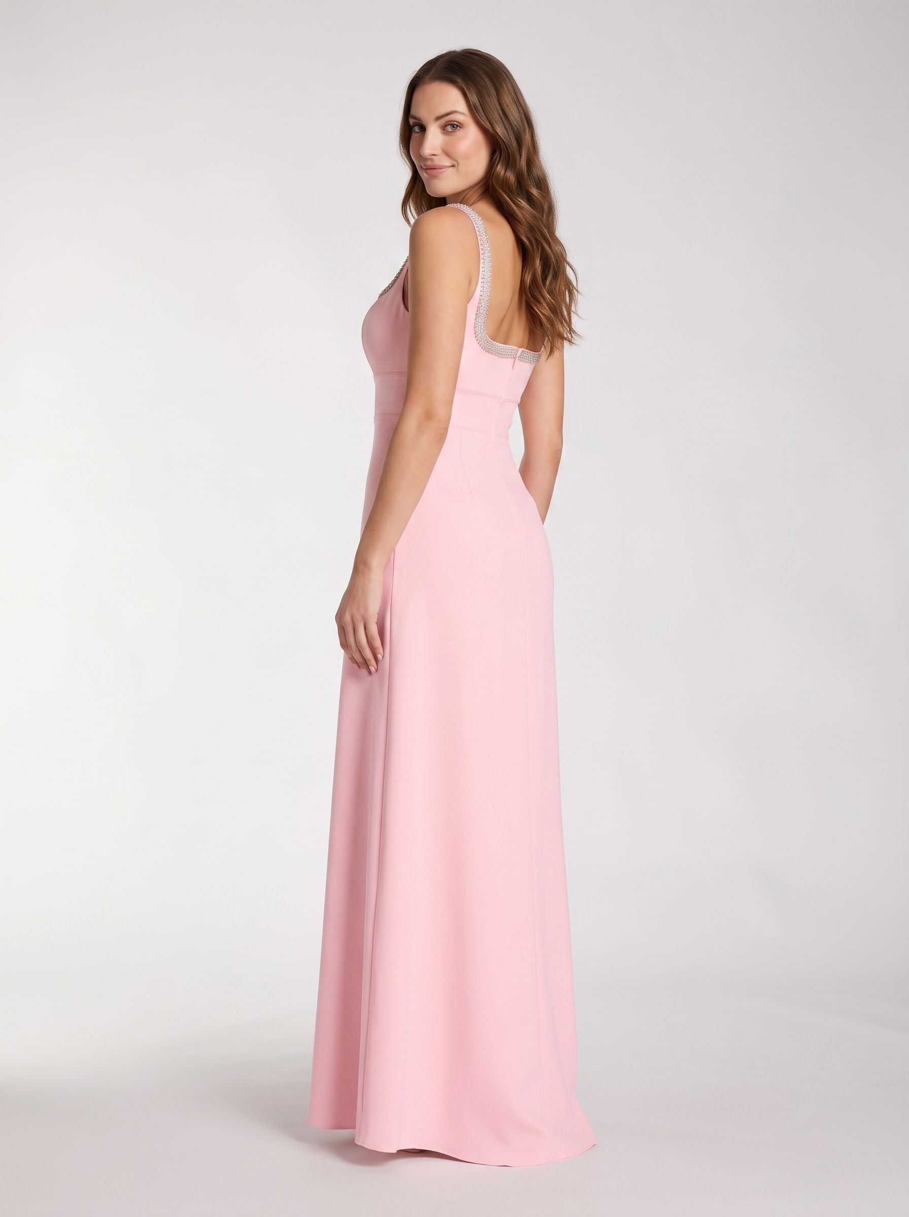 Petal Crepe A-Line V-Neck Back Zip Floor-Length Dress with Rhinestone Trim - Curvevia