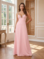 Petal Crepe A-Line V-Neck Back Zip Floor-Length Dress with Rhinestone Trim - Curvevia
