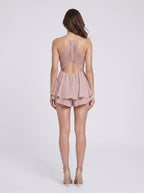 Dusty Rose Lace A-Line V-Neck Back Zip Short Dress with Ruffled Overlay - Curvevia