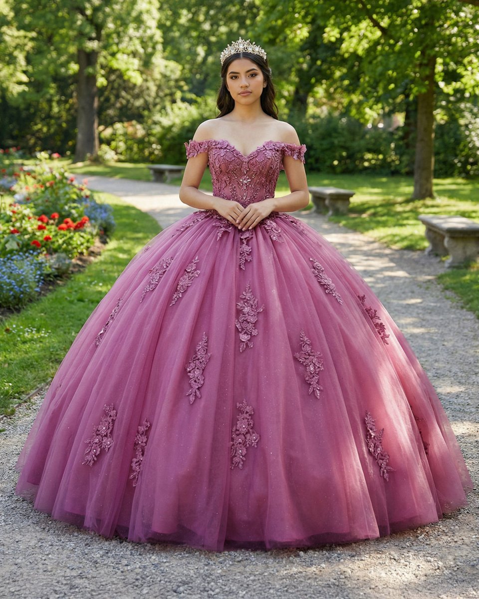 Dusty Rose Off Shoulder Lace 3D Flower Applique Quinceanera Dress - Curvevia