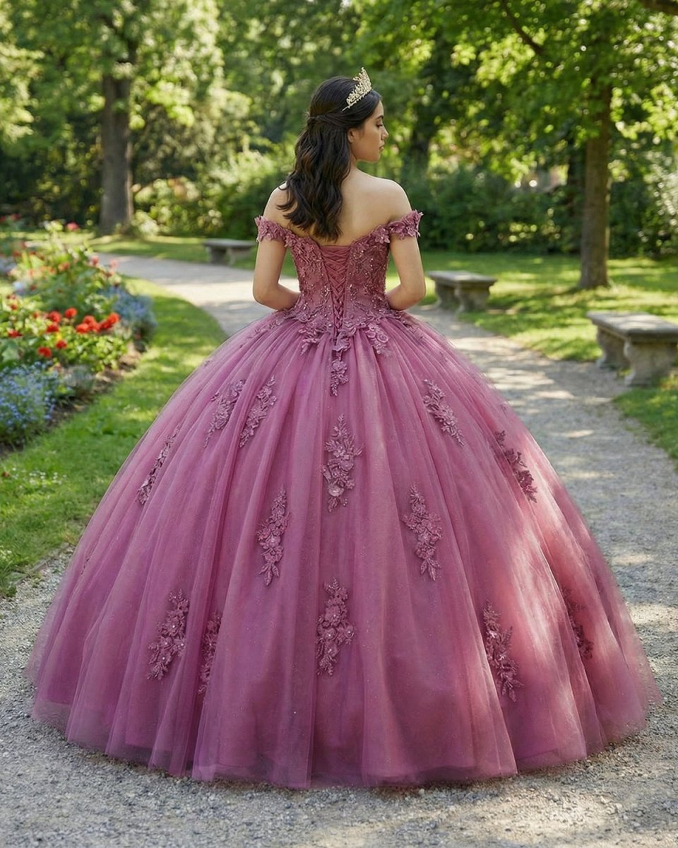 Dusty Rose Off Shoulder Lace 3D Flower Applique Quinceanera Dress - Curvevia