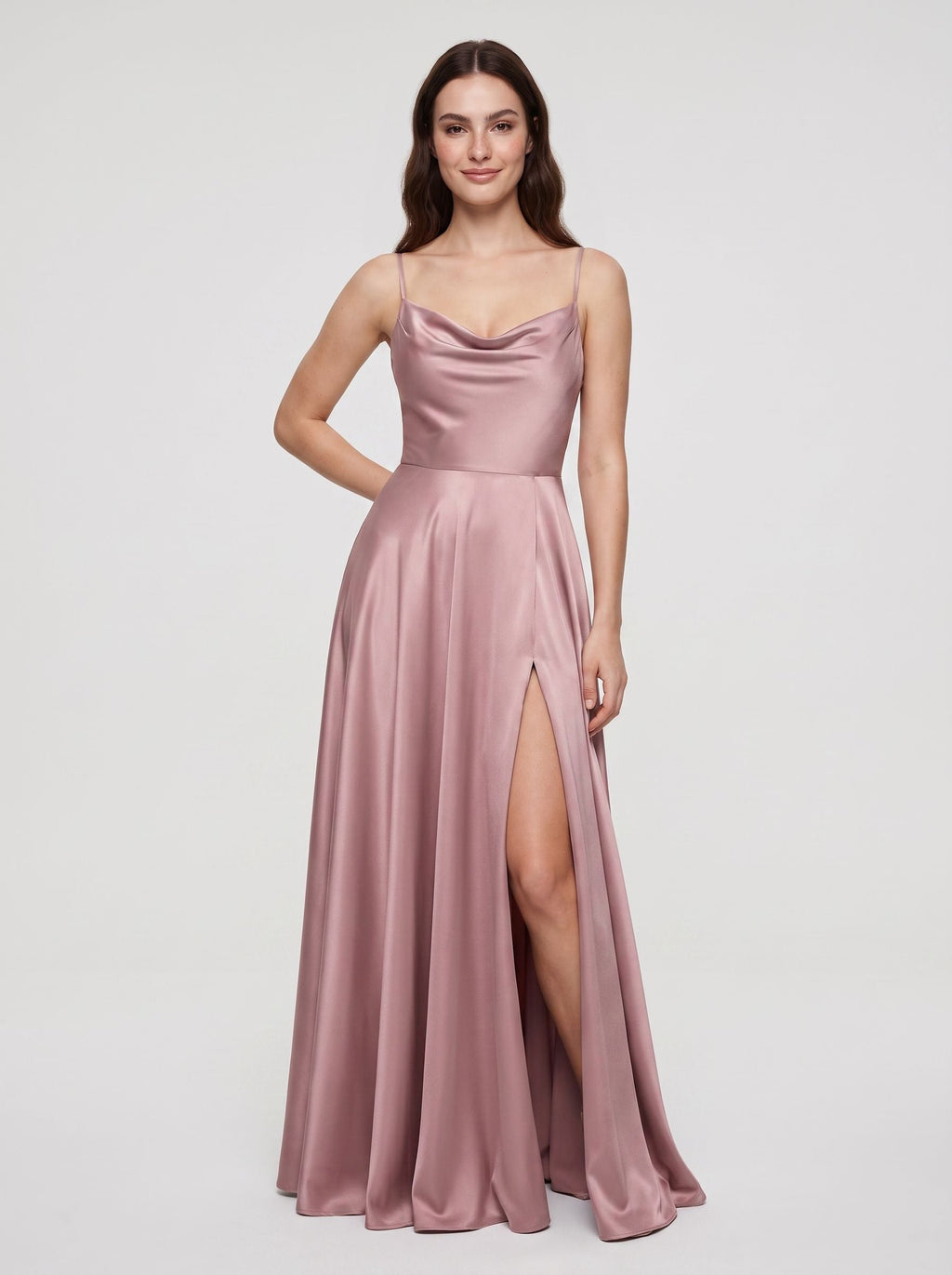 Dusty Rose Satin A-Line Cowl Neck Bow Floor-Length Dress with Side Slit - Curvevia