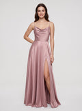 Dusty Rose Satin A-Line Cowl Neck Bow Floor-Length Dress with Side Slit - Curvevia