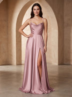 Dusty Rose Satin A-Line Cowl Neck Bow Floor-Length Dress with Side Slit - Curvevia