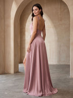 Dusty Rose Satin A-Line Cowl Neck Bow Floor-Length Dress with Side Slit - Curvevia